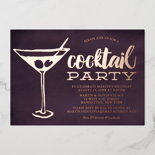 Stylish Purple Martini Glass Cocktail Party Foil Invitation (Front)