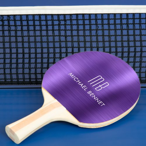 Stylish Purple Metallic Monogram Name Ping Pong Paddle