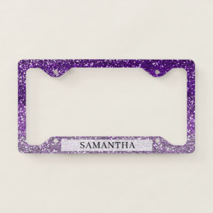 Stylish Purple Ombre Glitter Custom Name License Plate Frame