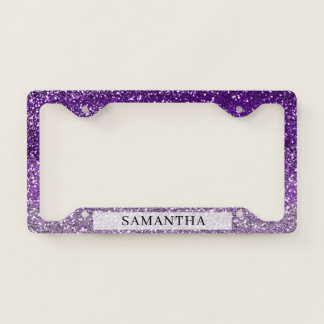 Stylish Purple Ombre Glitter Custom Name License Plate Frame