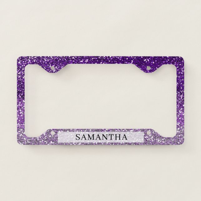 Stylish Purple Ombre Glitter Custom Name  License Plate Frame (Front)