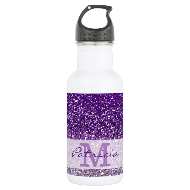 Stylish Purple Ombre Glitter Monogram Name Stainless Steel Water Bottle (Front)