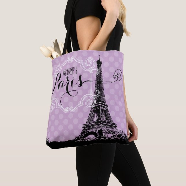 Stylish Purple Paris Eiffel Tower Monogram Name Tote Bag (Close Up)
