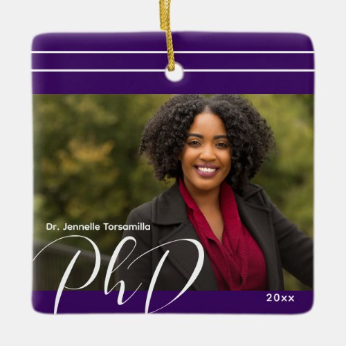 Stylish Purple Photo PhD Graduation Ceramic Ornament