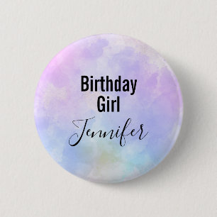 Stylish Purple Pink Blue Watercolor Birthday Girl Button