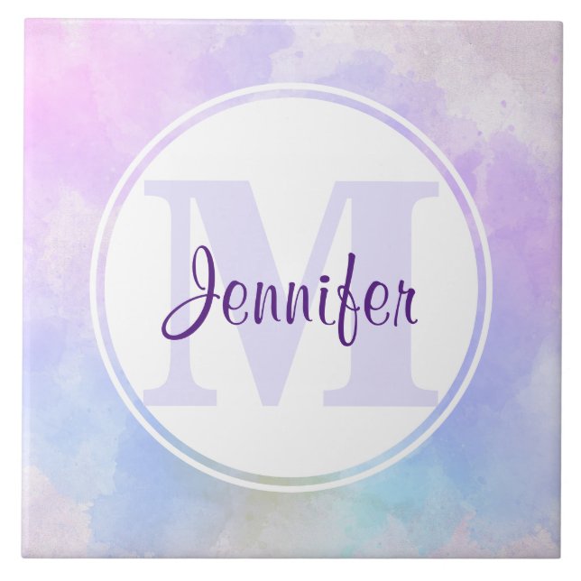 Stylish Purple Pink Blue Watercolor Monogram Ceramic Tile (Front)