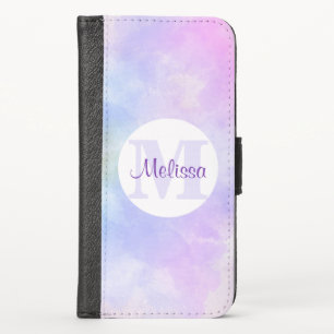 Stylish Purple Pink Blue Watercolor Monogram iPhone X Wallet Case
