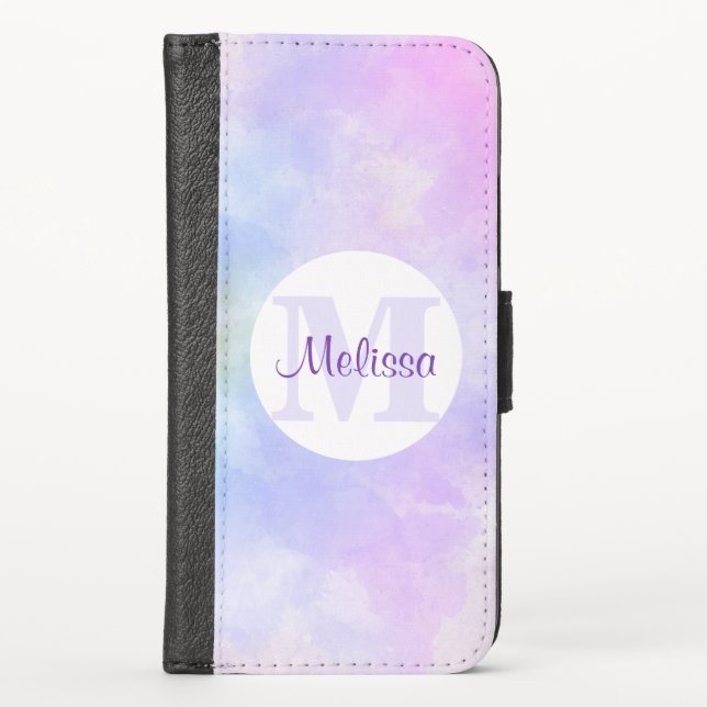 Stylish Purple Pink Blue Watercolor Monogram iPhone Wallet Case (Front)