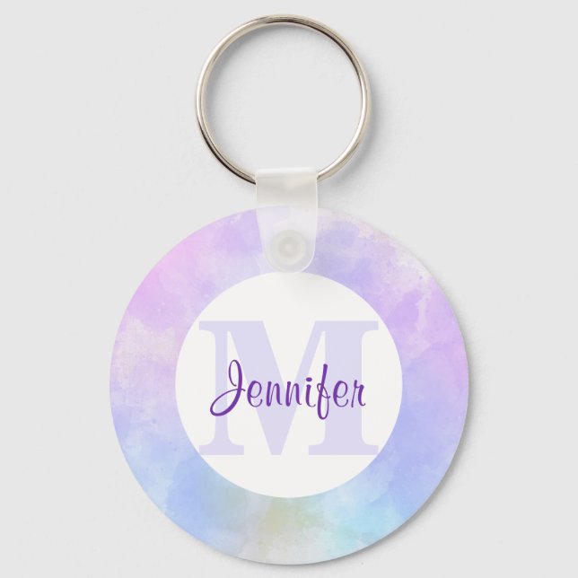 Stylish Purple Pink Blue Watercolor Monogram Keychain (Front)