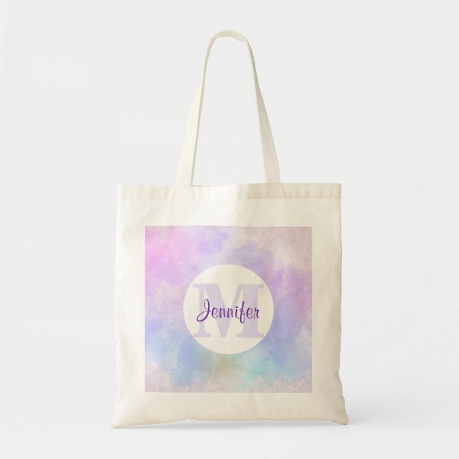 Stylish Purple Pink Blue Watercolor Monogram Tote Bag (Front)