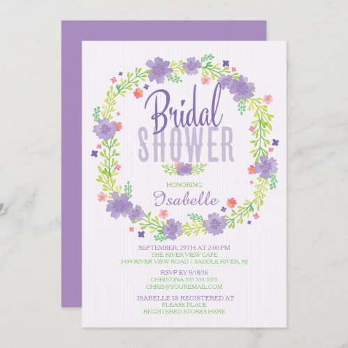 Stylish Purple Pink Floral Wreath Bridal Shower Invitation