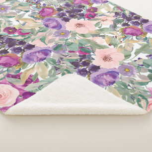 Stylish Purple Pink Watercolor Floral Boho Sherpa Blanket
