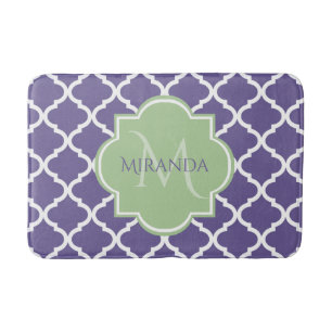 Stylish Purple Quatrefoil and Name Green Monogram Bathroom Mat