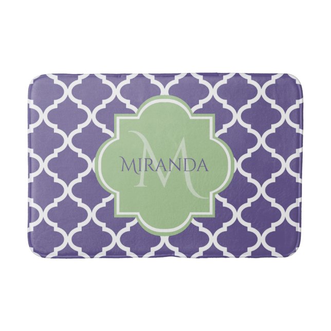 Stylish Purple Quatrefoil and Name Green Monogram Bathroom Mat (Front)