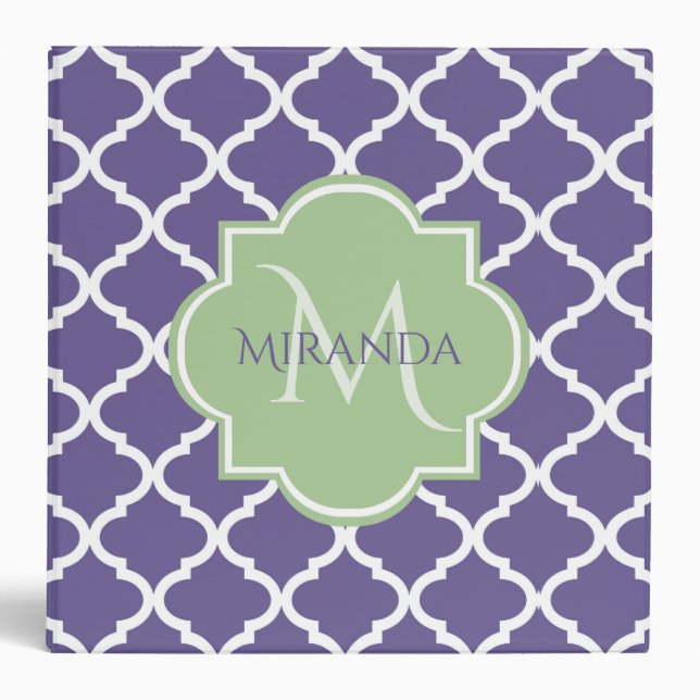 Stylish Purple Quatrefoil and Name Green Monogram Binder (Front)