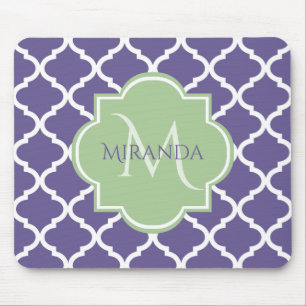 Stylish Purple Quatrefoil and Name Green Monogram Mouse Pad