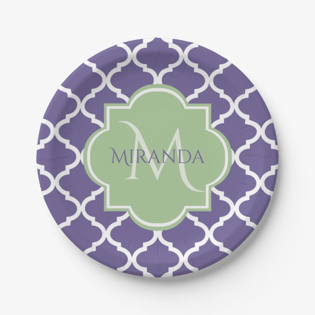 Stylish Purple Quatrefoil and Name Green Monogram Paper Plates (Front)