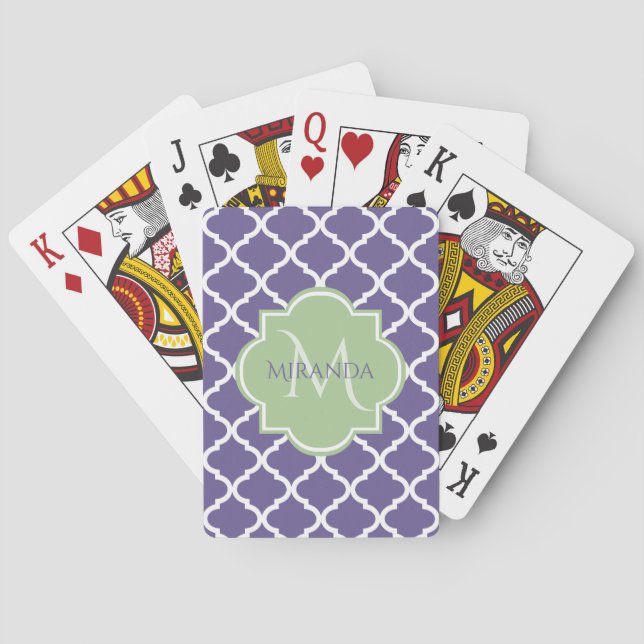 Stylish Purple Quatrefoil and Name Green Monogram Poker Cards (Back)