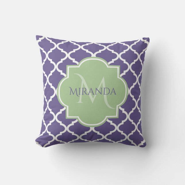 Stylish Purple Quatrefoil and Name Green Monogram Throw Pillow (Front)