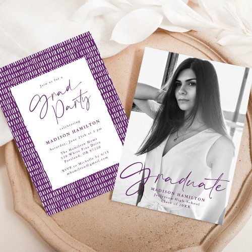 Stylish Purple Script Photo Graduation Party Invitation