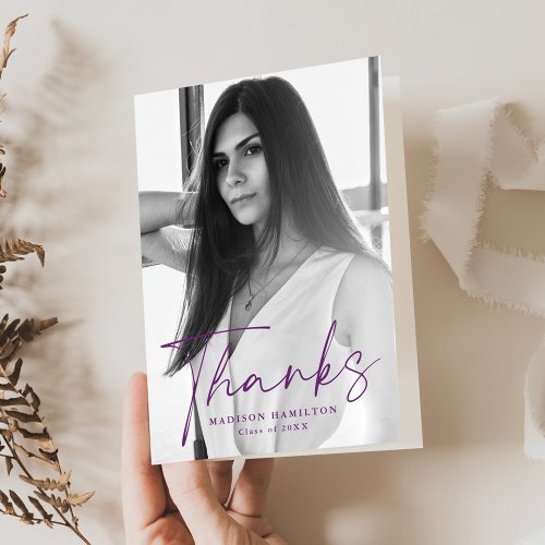 Stylish Purple Script Photo Graduation Thank You Card