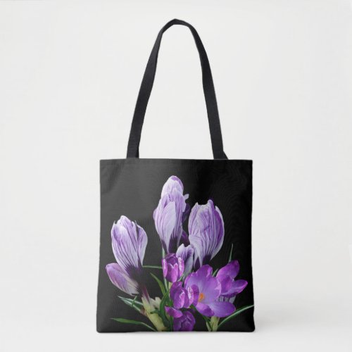 Stylish purple spring crocus flowers black boho tote bag