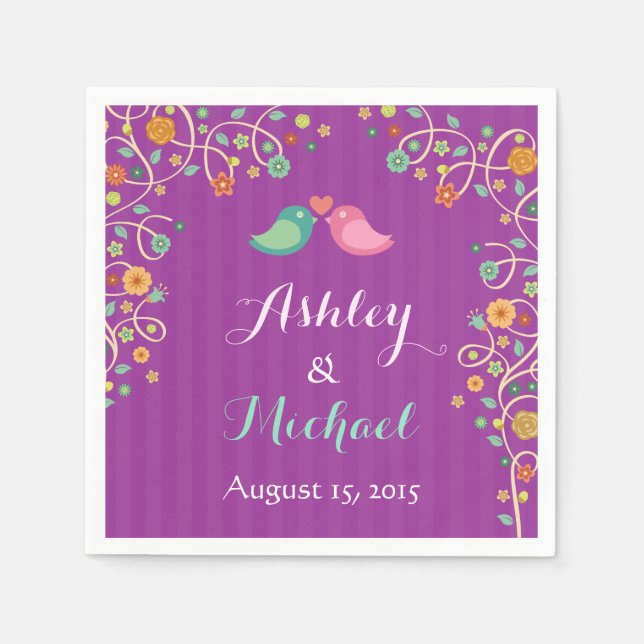 Stylish Purple Swirl Floral Love Birds Wedding Napkins (Front)
