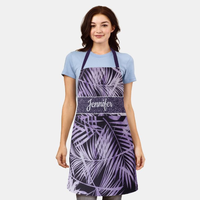 Stylish purple tropical leaves with name apron (Worn)
