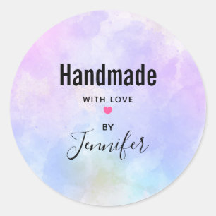 Stylish Purple Watercolor Handmade with Love Classic Round Sticker