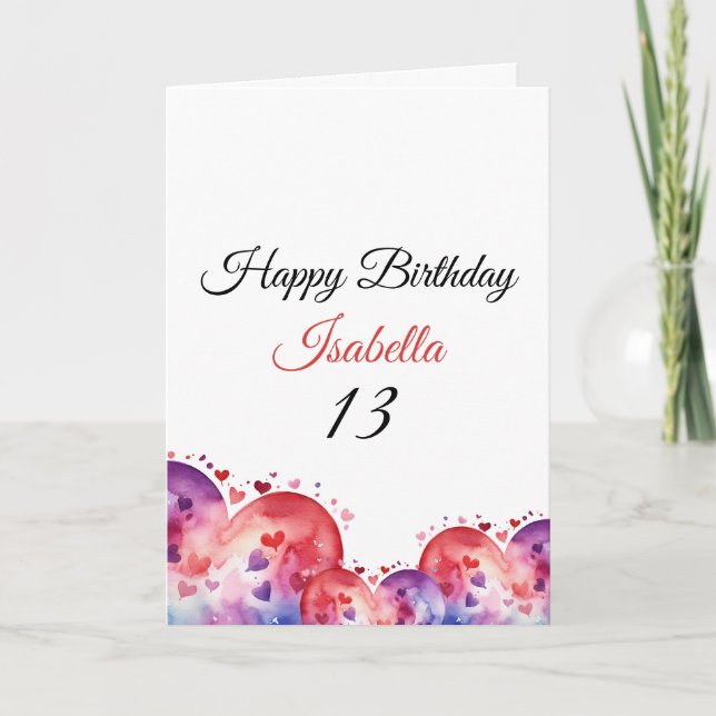 Stylish Purple Watercolor Heart 13th Birthday Card (Front)