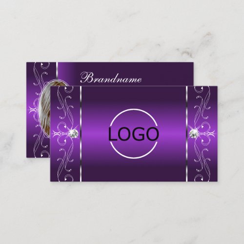Stylish Purple White Squiggled Jewels Logo  Photo Business Card