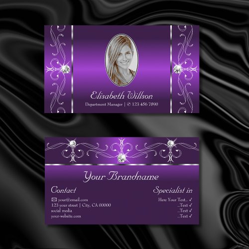 Stylish Purple White Squiggled Jewels with Photo Business Card