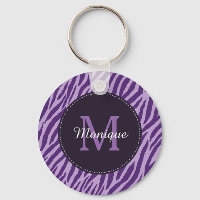 Stylish Purple Zebra Print With Monogram and Name Keychain (Front)