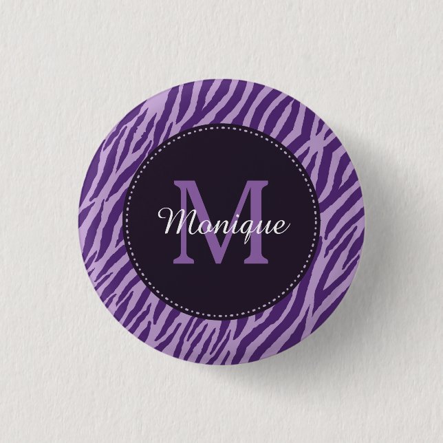 Stylish Purple Zebra Print With Monogram and Name Pinback Button (Front)