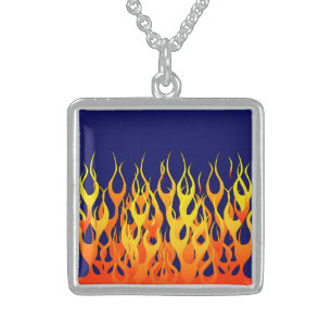 Stylish Racing Flames Fire on Navy Blue Sterling Silver Necklace