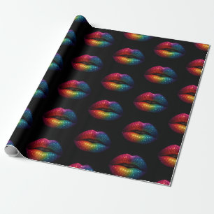 stylish rainbow glitter lips pattern black wrapping paper