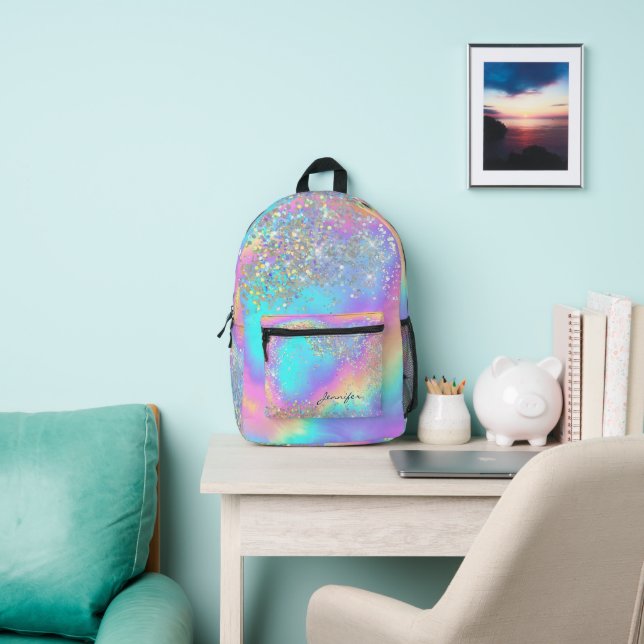 Stylish Rainbow Holographic Glitter Girly Monogram Printed Backpack (Insitu)
