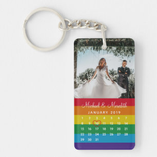 Stylish Rainbow Photo Wedding Date Calendar Keychain