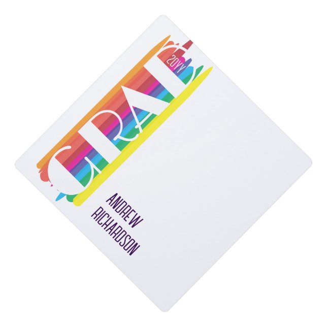 Stylish rainbow stripe class year graduation cap topper (Front)