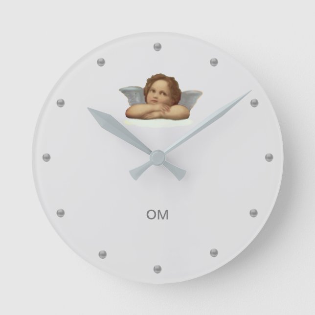 Stylish Raphael Cherub on Silver Color Round Clock (Front)