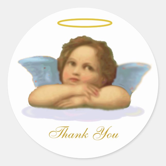 Stylish Raphael Cherub & Thank You Calligraphy Classic Round Sticker (Front)