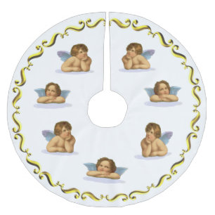 Stylish Raphael Cherubs and Golden Frame on White Brushed Polyester Tree Skirt