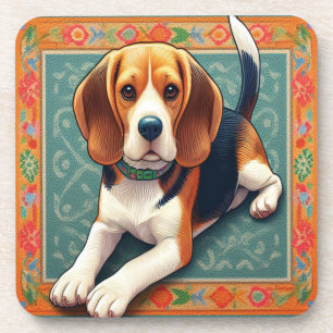 Stylish Realistic 3D Beagle Dog Colorful Border Beverage Coaster