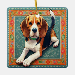 Stylish Realistic 3D Beagle Dog Colorful Border Ceramic Ornament