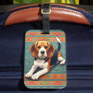 Stylish Realistic 3D Beagle Dog Colorful Border Luggage Tag