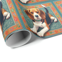 Stylish Realistic 3D Beagle Dog Colorful Border Wrapping Paper