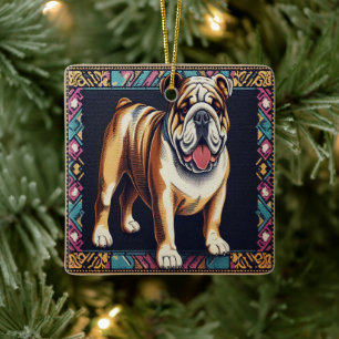 Stylish Realistic Bulldog with A Colorful Frame Ceramic Ornament