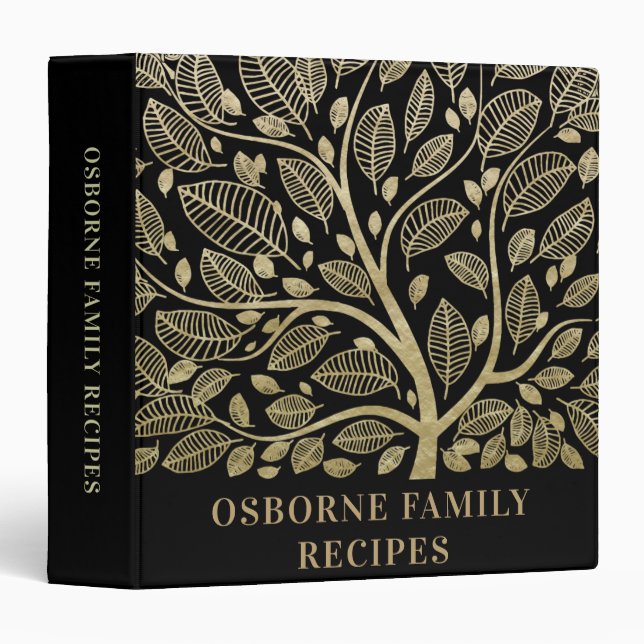 Stylish Recipe Book Black Gold Family Tree Kitchen 3 Ring Binder (Front/Spine)