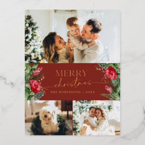 Stylish Red 3 Photo Botanical Merry Christmas Gold Foil Holiday Postcard