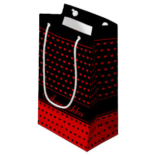 Stylish Red And Black Hearts Pattern, Custom Name Small Gift Bag